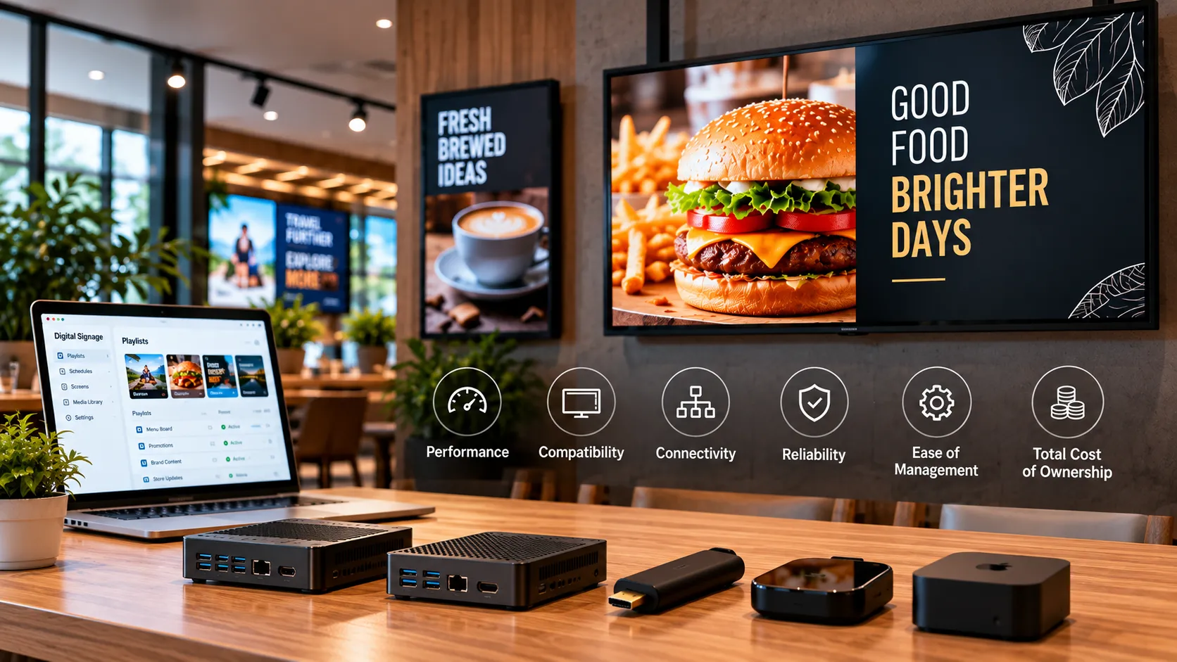 Digital signage media players and a laptop running the Loopvew CMS in front of café menu screens