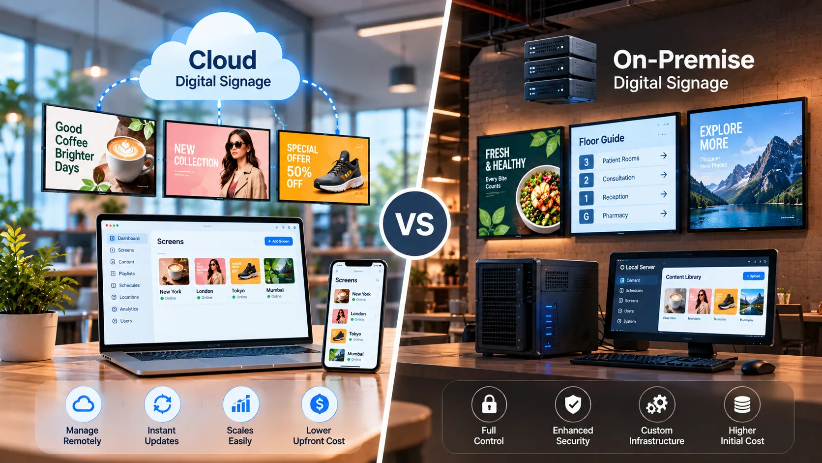Side-by-side comparison of cloud digital signage managed from a laptop and on-premise signage running on a local server