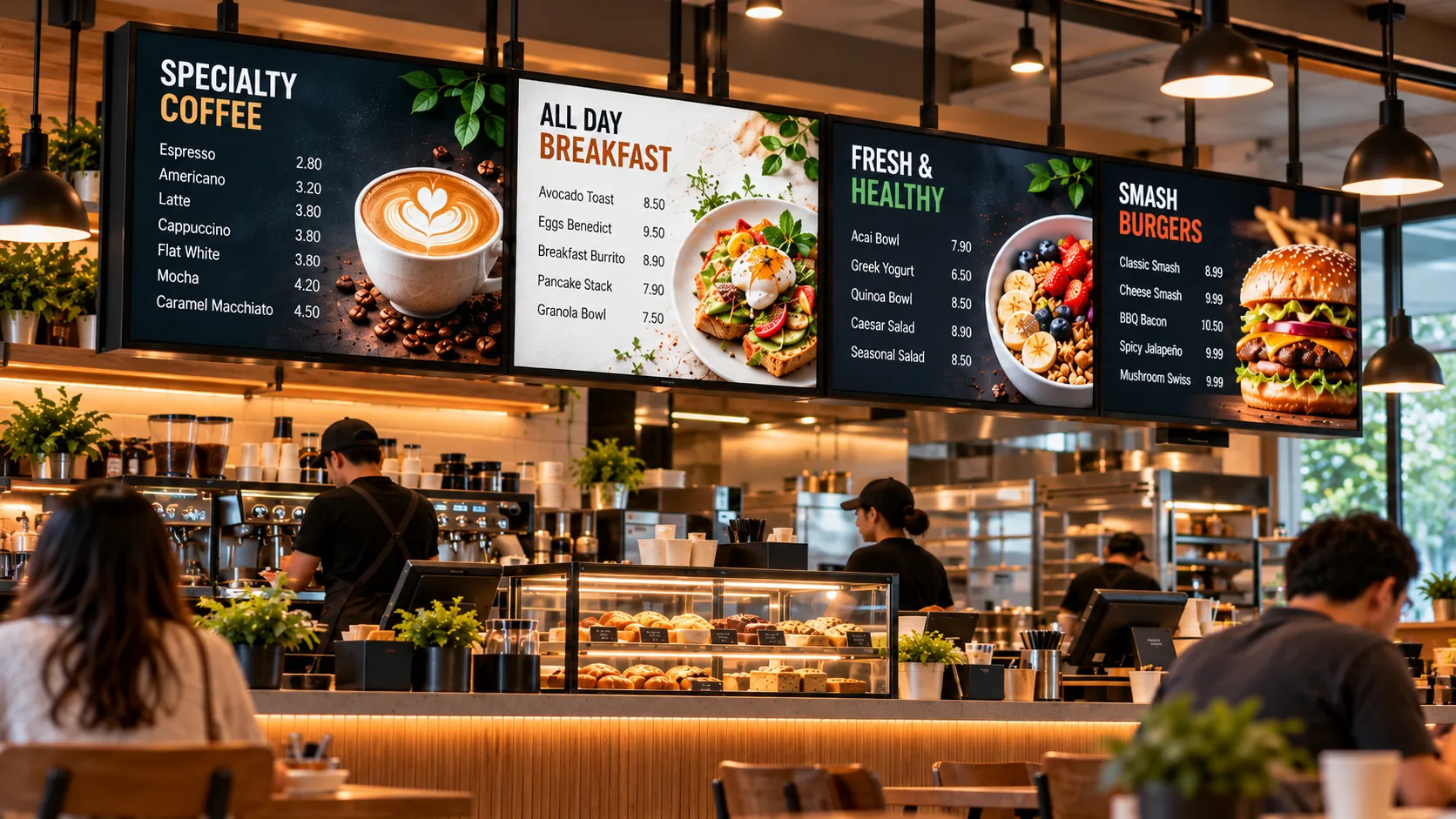 Digital menu boards above a café counter showing coffee, all-day breakfast, healthy bowls and burgers