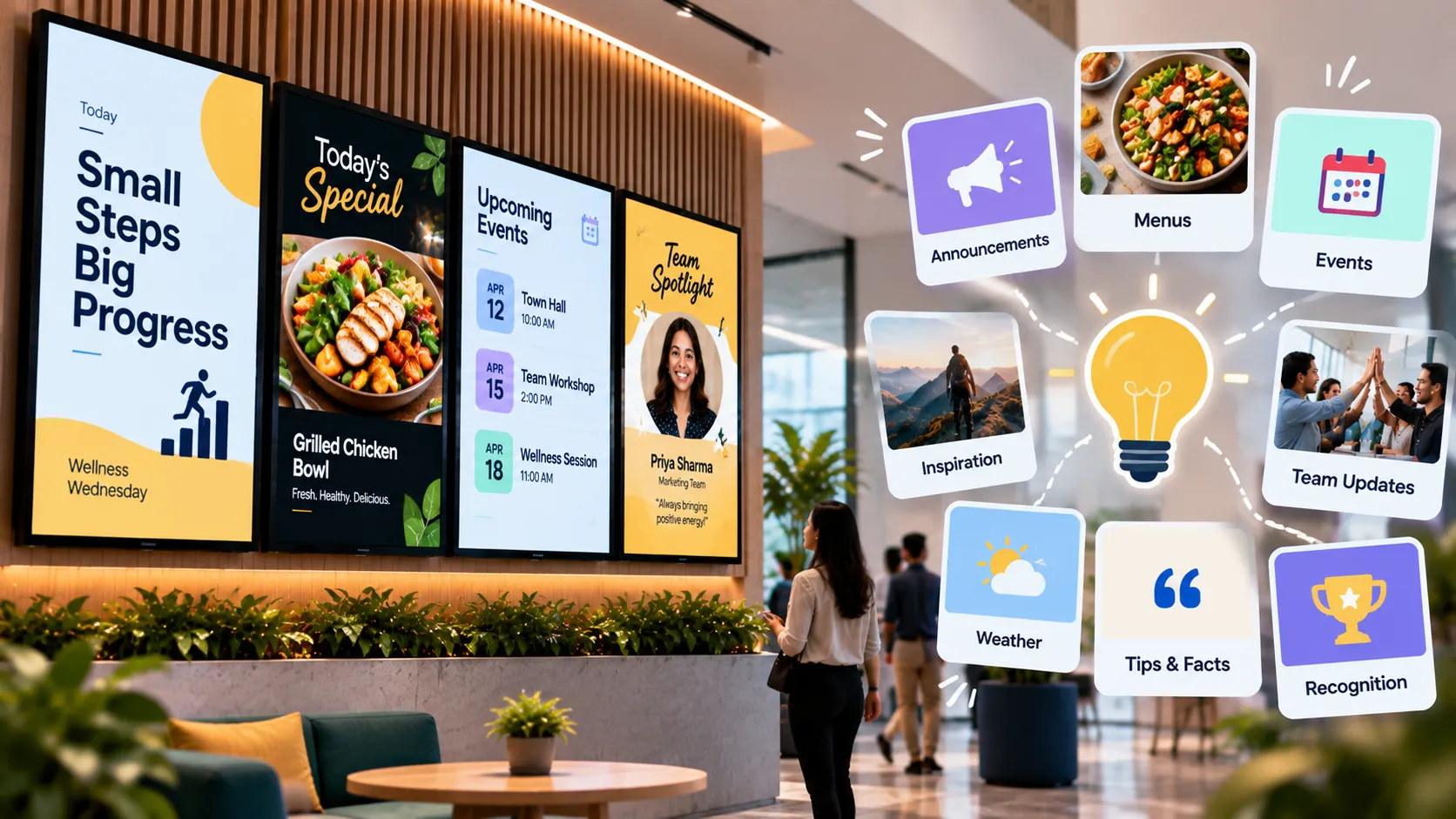 Office digital signage showing announcements, menus, events, weather and team recognition content