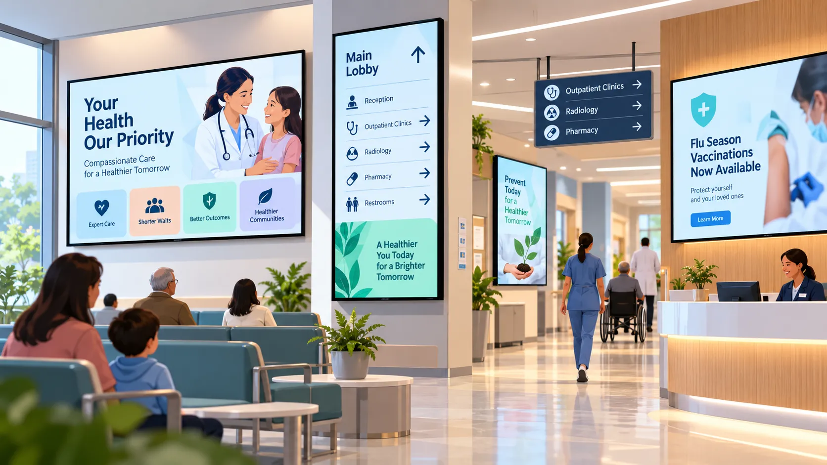 Hospital lobby with digital signage for patient information, department wayfinding and health notices