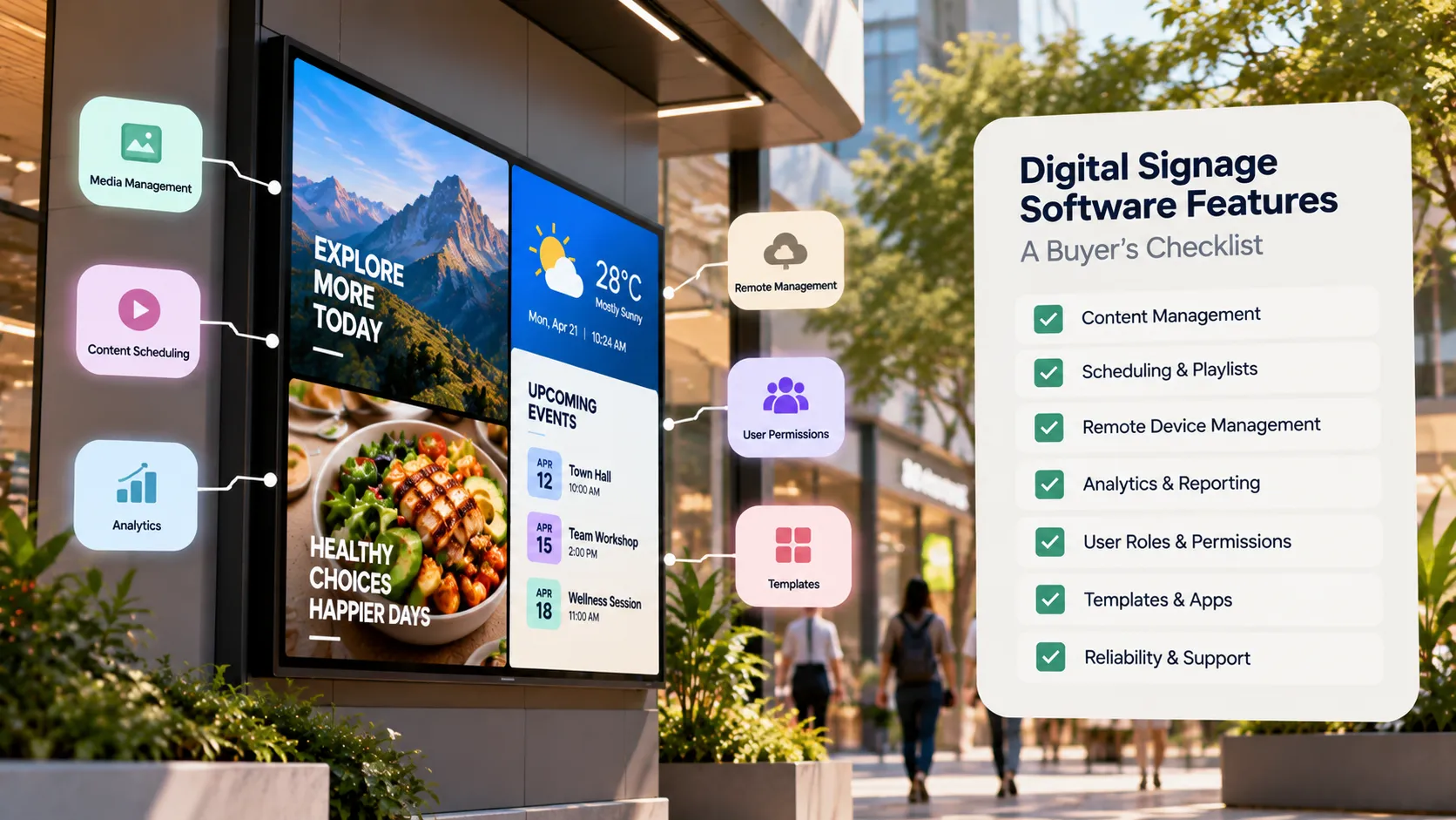 Digital signage screens in a mall beside a buyer's checklist of signage software features