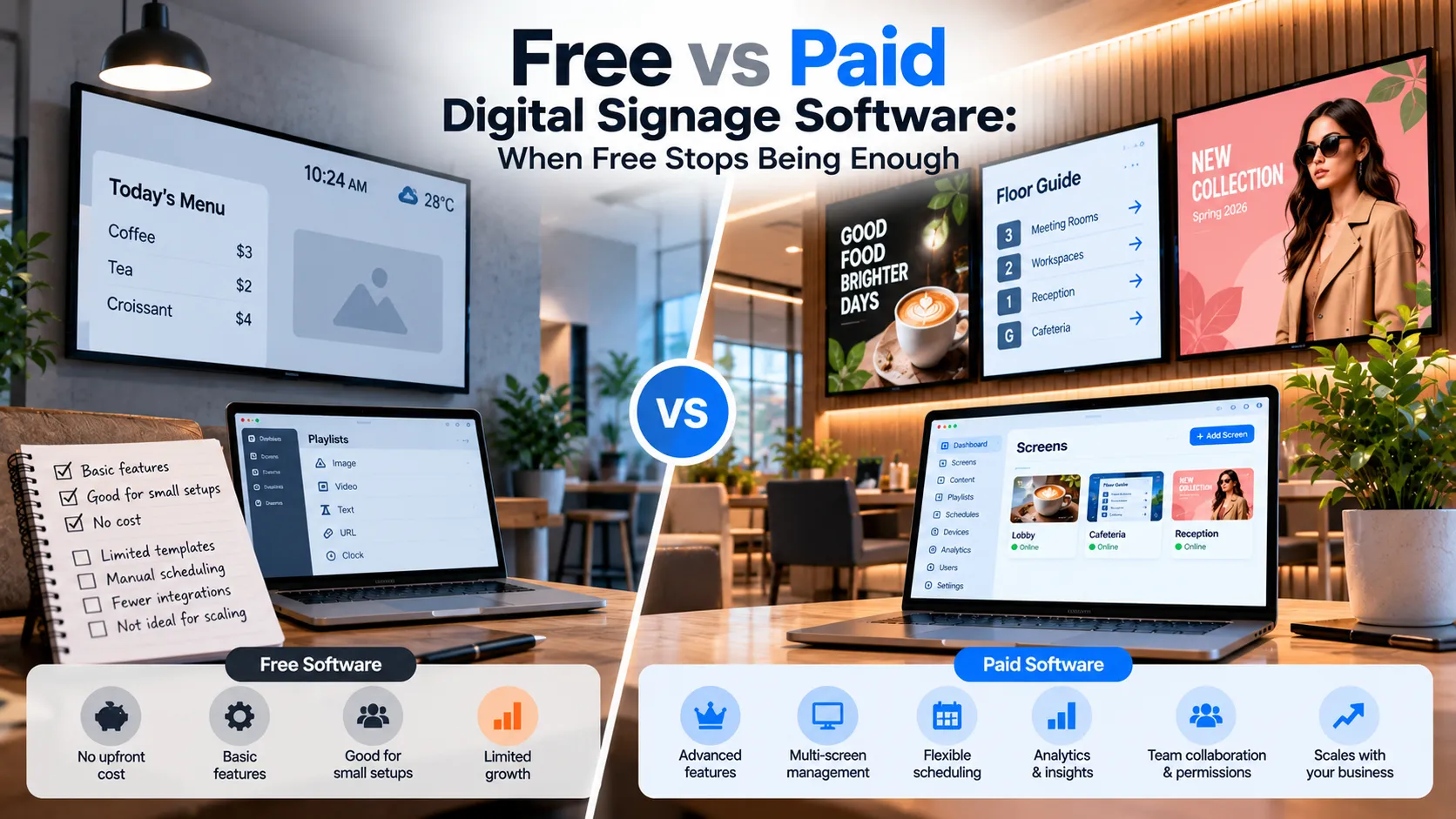 Comparison of free and paid digital signage software running on café and office screens