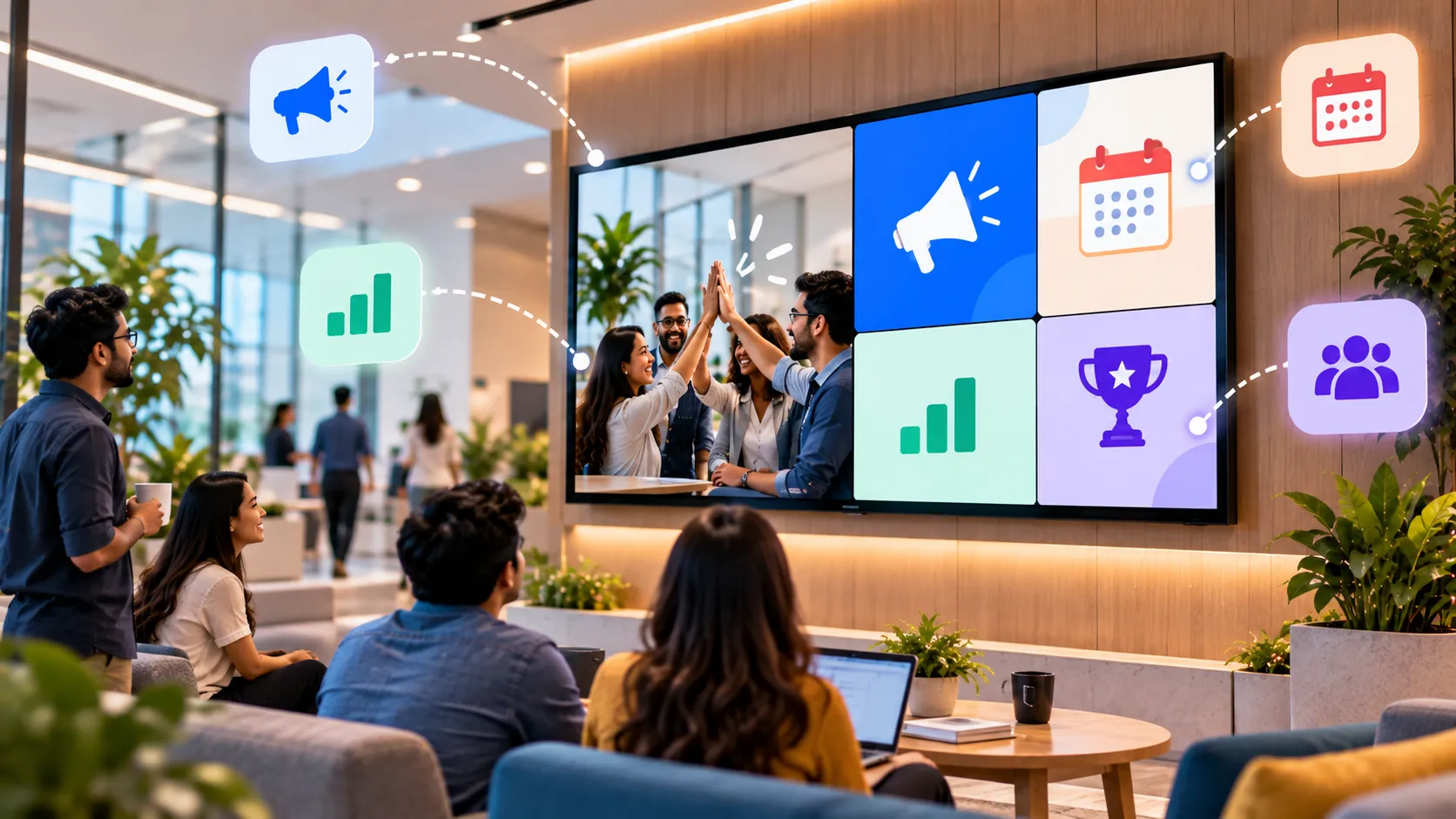 Team celebrating in an office in front of a video wall showing announcements, events and results