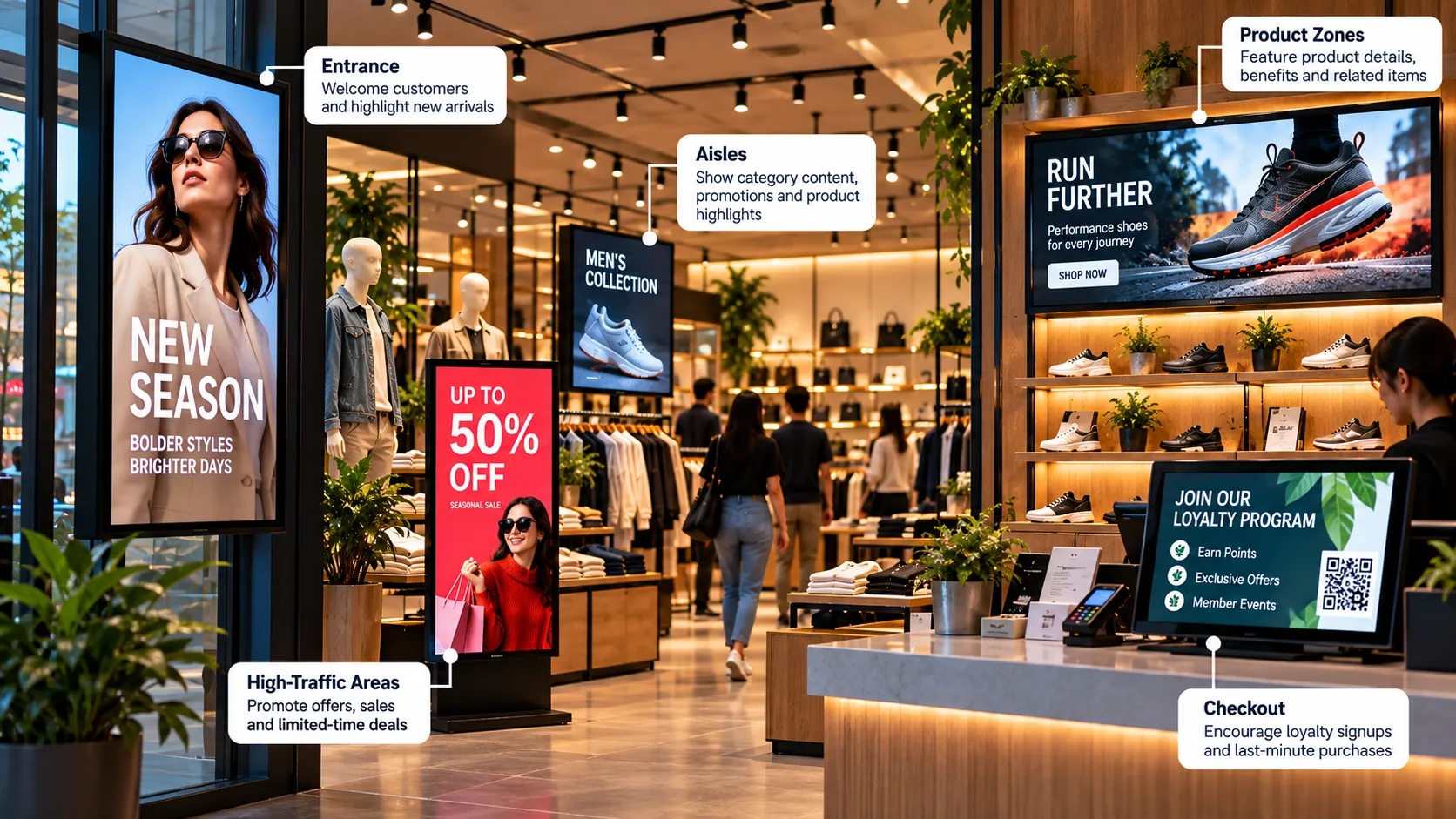 Retail store with digital signage at the entrance, in the aisles, in product zones and at checkout