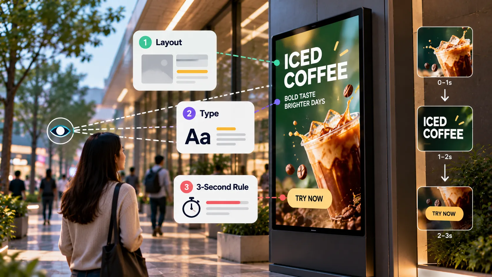 Portrait digital sign for iced coffee annotated with layout, typography and the 3-second rule