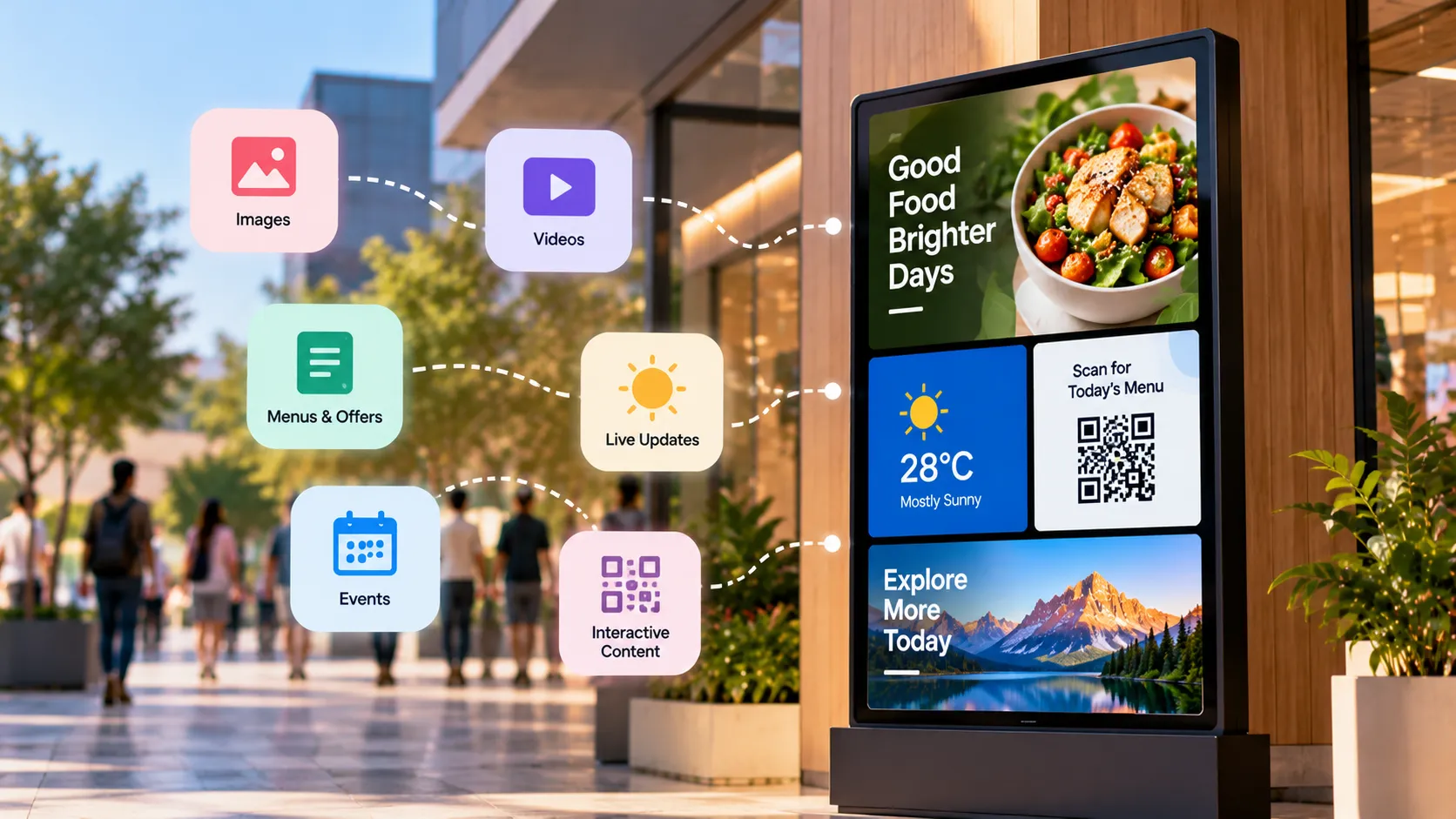 Outdoor digital signage kiosk showing images, videos, menus, events and live weather content