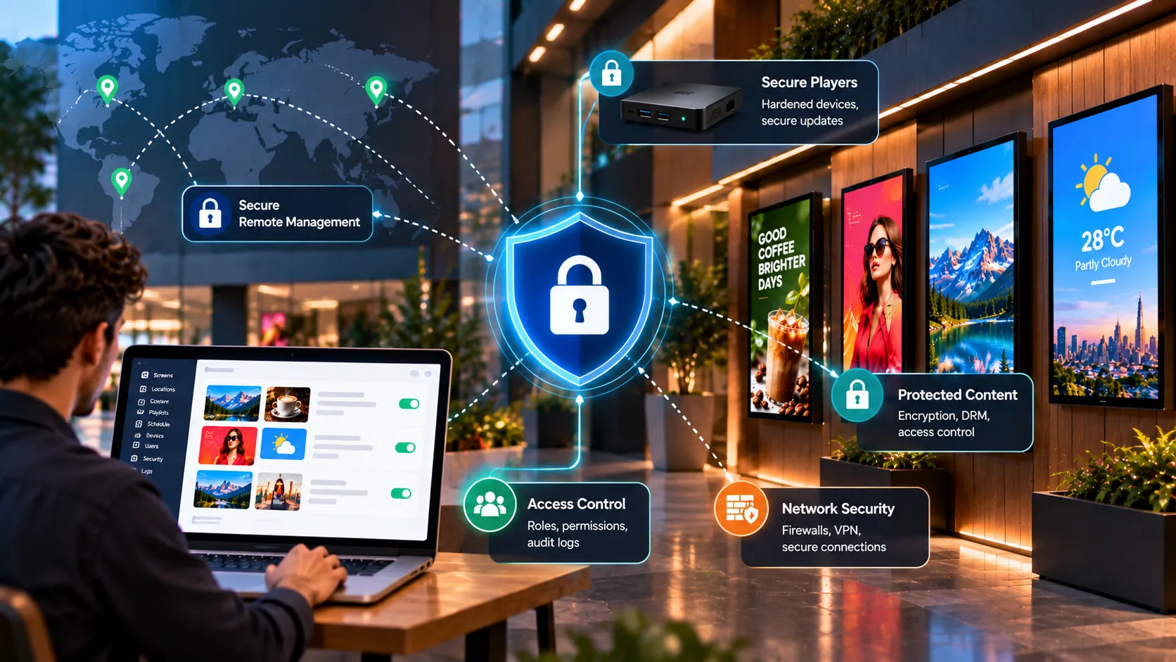 Person managing secure digital signage screens from a laptop, with access control and network security safeguards