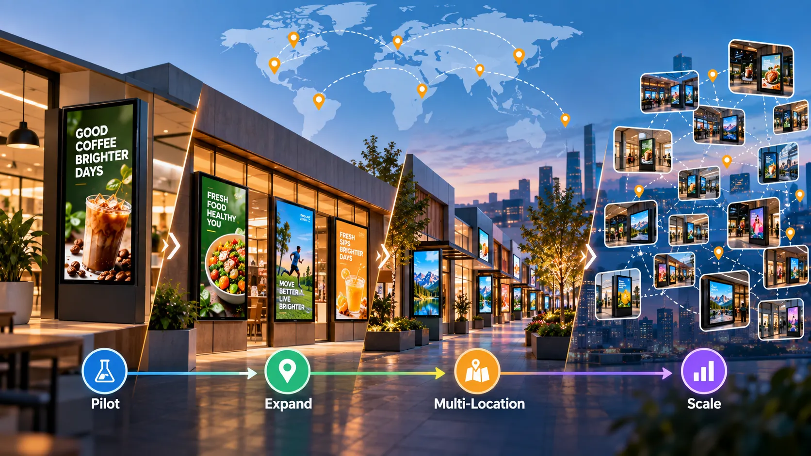 Storefront digital signs growing from a pilot to a multi-location network shown on a map