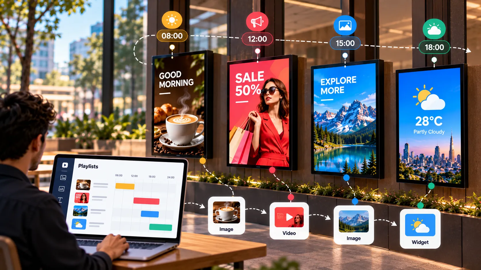 Person scheduling a playlist on a laptop for screens that switch content through the day