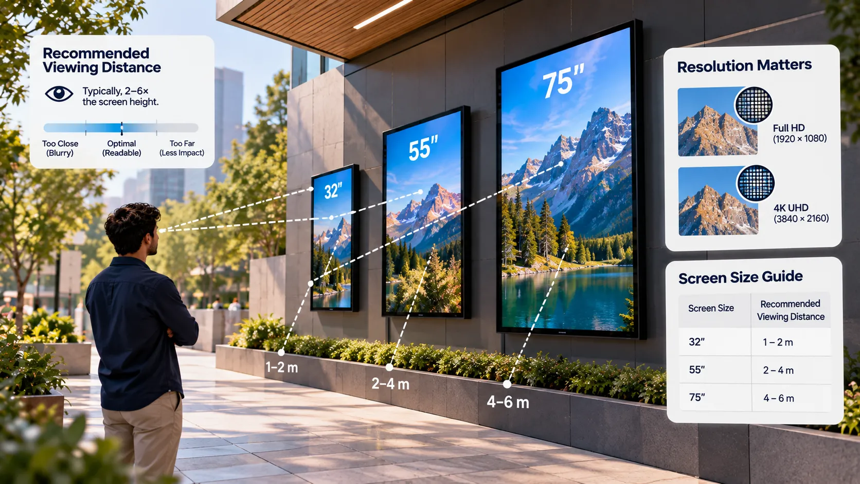 Person viewing 32, 55 and 75 inch screens at different distances beside a resolution and screen size guide