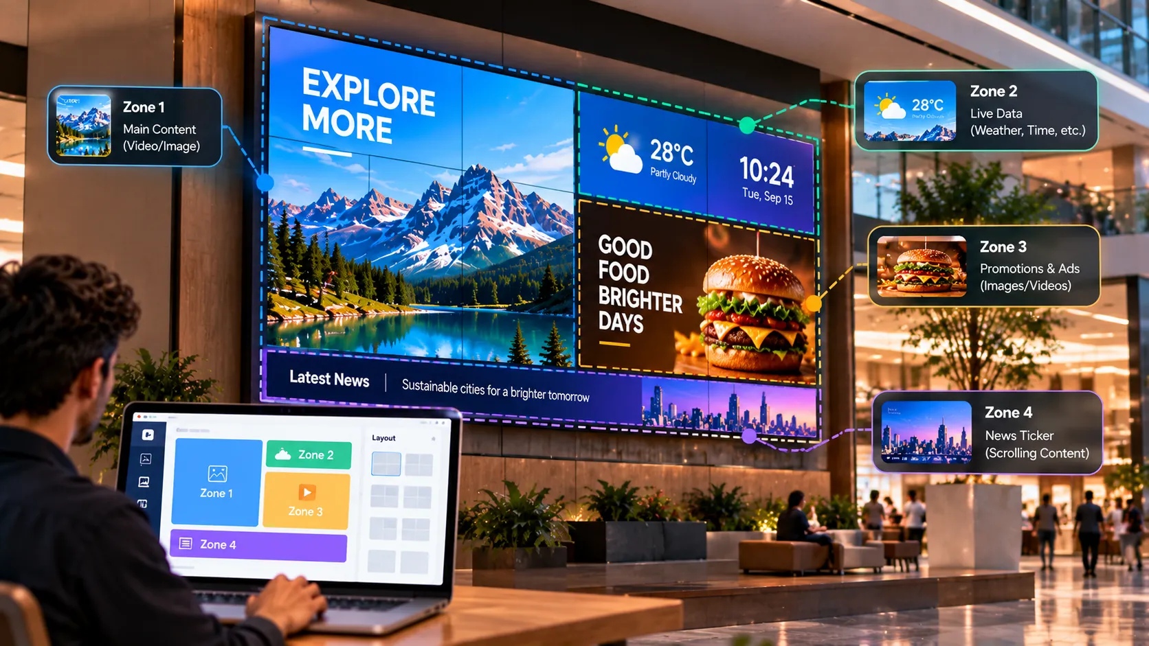 Large video wall split into zones for main content, weather, promotions and a news ticker, managed from a laptop